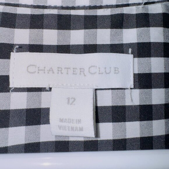Charter Club Black White Plaid Cold Shoulder Button Up Blouse Top size 12 - Picture 3 of 7
